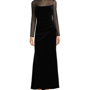 Eliza J Mock Neck Elegant Long Black Evening Gown with Velvet Side Ruche